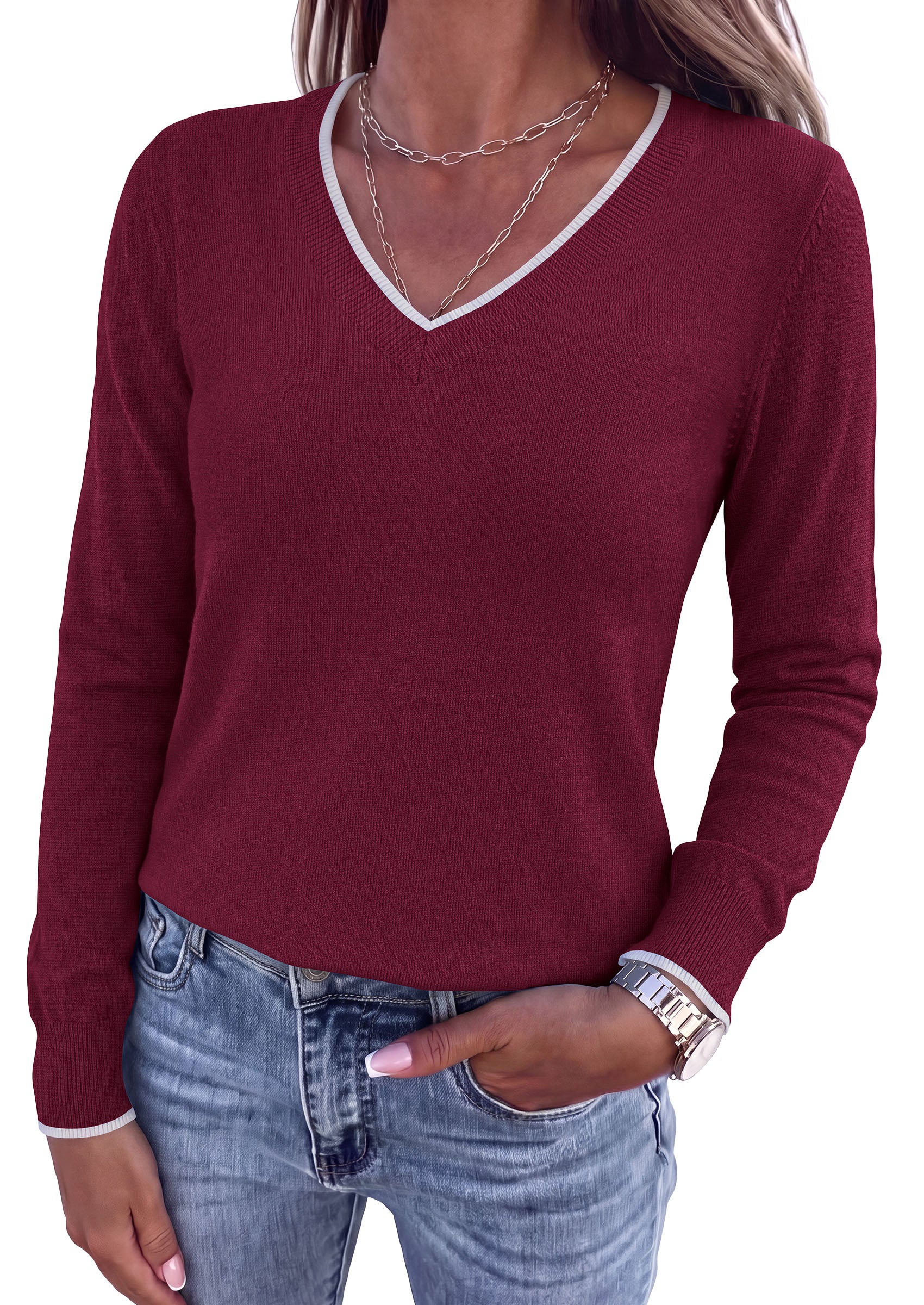 PRETTYGARDEN Women's V Neck Sweater Long Sleeve Knit Tops | Contrast Trim, Cozy Lightweight Pullover, Loose Basic Soft, Business Casual, Holiday Vacation Outfits, Fall Winter Clothes