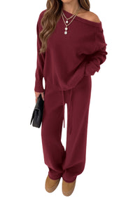 PRETTYGARDEN Lounge Sets Womens Sweaters Two Piece Outfits  Cozy Boat Neck Long Sleeve Tops, Wide Leg Pants with Drawstring, Casual Fall Fashion 2026 Airport & Travel, Knit Matching Set