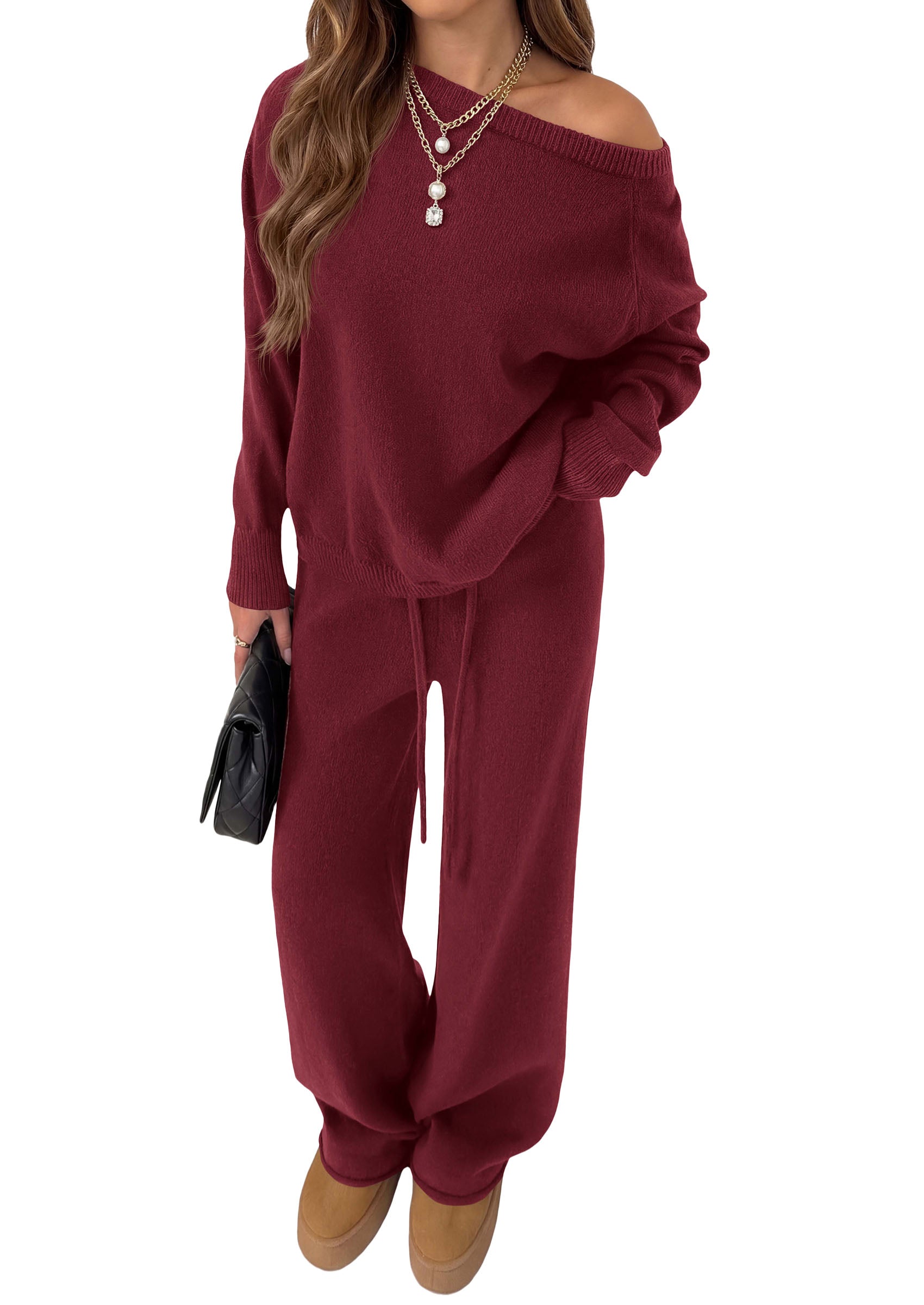 PRETTYGARDEN Lounge Sets Womens Sweaters Two Piece Outfits  Cozy Boat Neck Long Sleeve Tops, Wide Leg Pants with Drawstring, Casual Fall Fashion 2026 Airport & Travel, Knit Matching Set