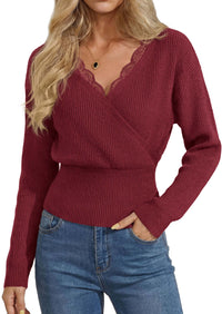 PRETTYGARDEN Women's Fall Fashion Long Sleeve Lace V Neck Cropped Sweaters