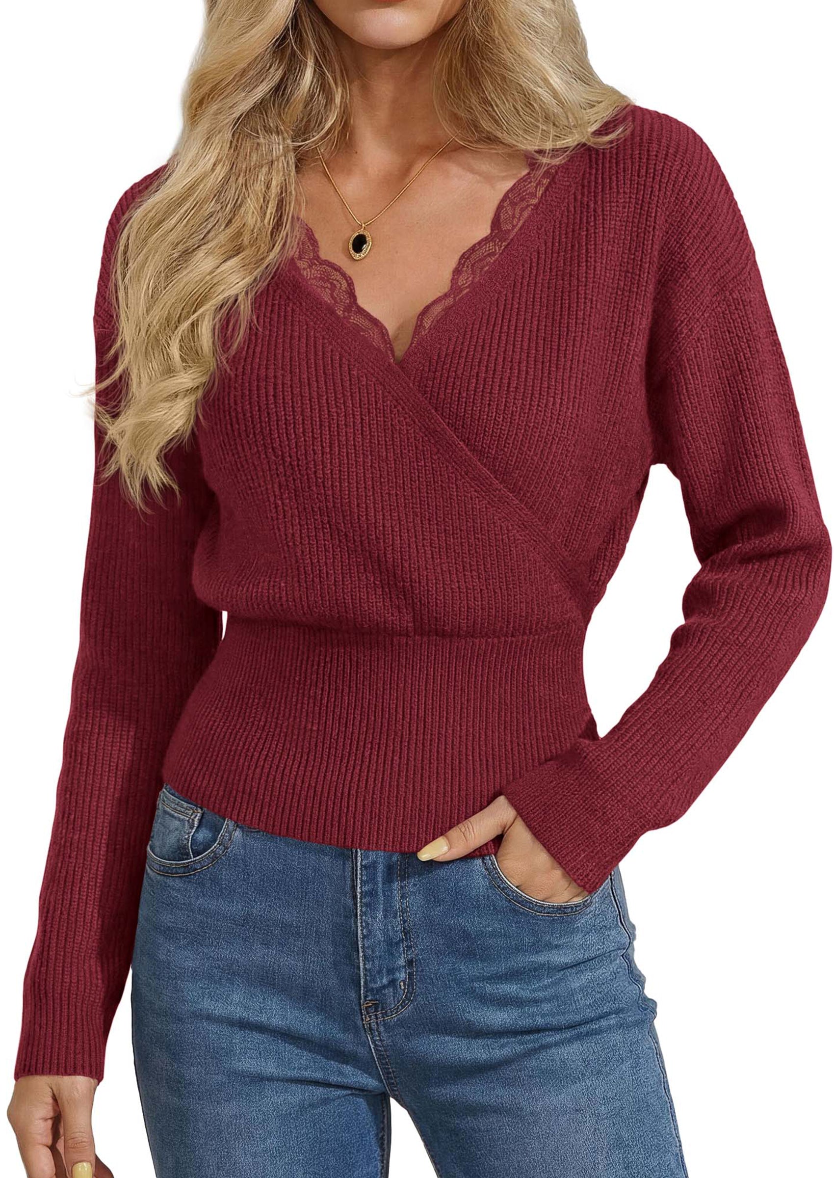 PRETTYGARDEN Women's Fall Fashion Long Sleeve Lace V Neck Cropped Sweaters