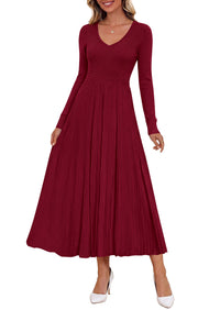 PRETTYGARDEN Women's Fall V Neck Pleated Midi Sweater Dress  Stretchy Ribbed Knit,Long Sleeve,A Line Flowy Skirt,Elegant Long Dresses for Wedding Guest,Work Office,Winter Party Outfits