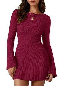 PRETTYGARDEN Womens Fall Bell Long Sleeve Mini Dress 2026 Casual Boat Neck Ribbed Bodycon Short Party Cocktail Dresses