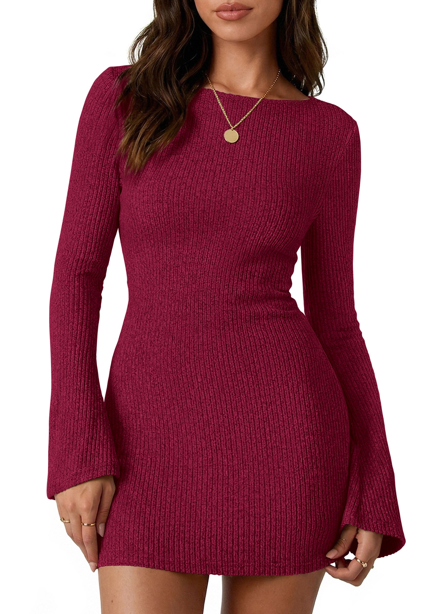 PRETTYGARDEN Womens Fall Bell Long Sleeve Mini Dress 2026 Casual Boat Neck Ribbed Bodycon Short Party Cocktail Dresses