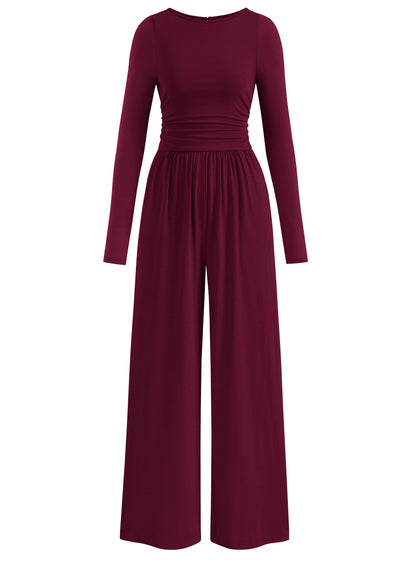PRETTYGARDEN One Piece Jumpsuits for Women Dressy Casual Long Sleeve Crewneck Wide Leg Romper Overalls Spring Outfits 2026