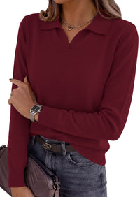 PRETTYGARDEN Womens Long Sleeve Collared Polo Sweater V Neck Knit Ribbed Business Casual Pullover Sweaters 2026 Fall Outfits