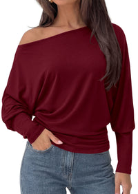 PRETTYGARDEN Womens Off Shoulder Batwing Long Sleeve Shirts | Asymmetrical Off The Shoulder Cinched Waist, Soft Dressy Casual Blouse, Going Out Tops, Transitional Fall & Spring Wear