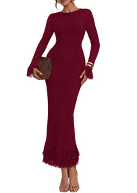 PRETTYGARDEN Womens Long Sleeve Bodycon Sweater Dress  Stretchy Ribbed Knit,Fringe Trim Cuffs & Hem,Slim Fit Crewneck,Date Night Outfits,Fall Winter Wedding Guest Cocktail Dresses