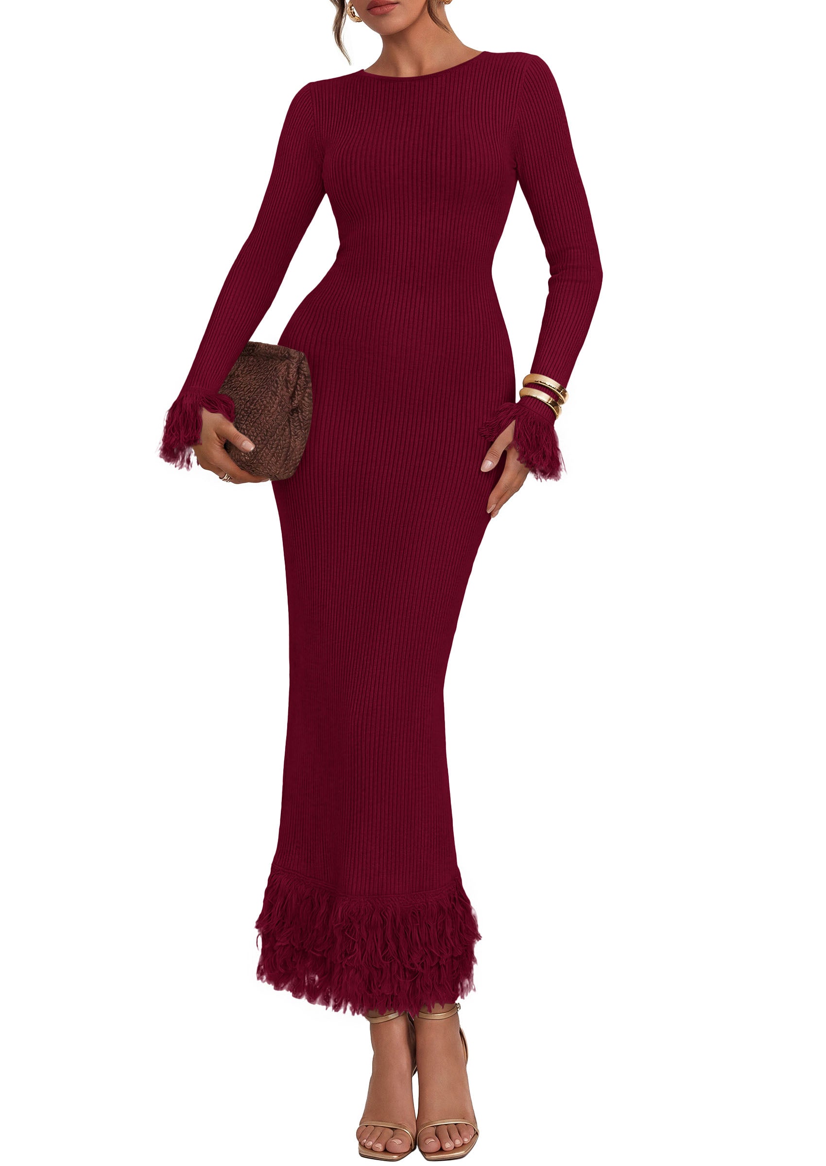 PRETTYGARDEN Womens Long Sleeve Bodycon Sweater Dress  Stretchy Ribbed Knit,Fringe Trim Cuffs & Hem,Slim Fit Crewneck,Date Night Outfits,Fall Winter Wedding Guest Cocktail Dresses