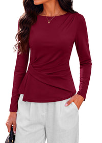 PRETTYGARDEN Womens Ruched Tops Casual Long Sleeve Shirt  Soft Stretchy Knit, Round Neck Slim Fitted Shape, Pleated Asymmetrical Hem, Office Work Daily Wear, Trendy Fall Outfits