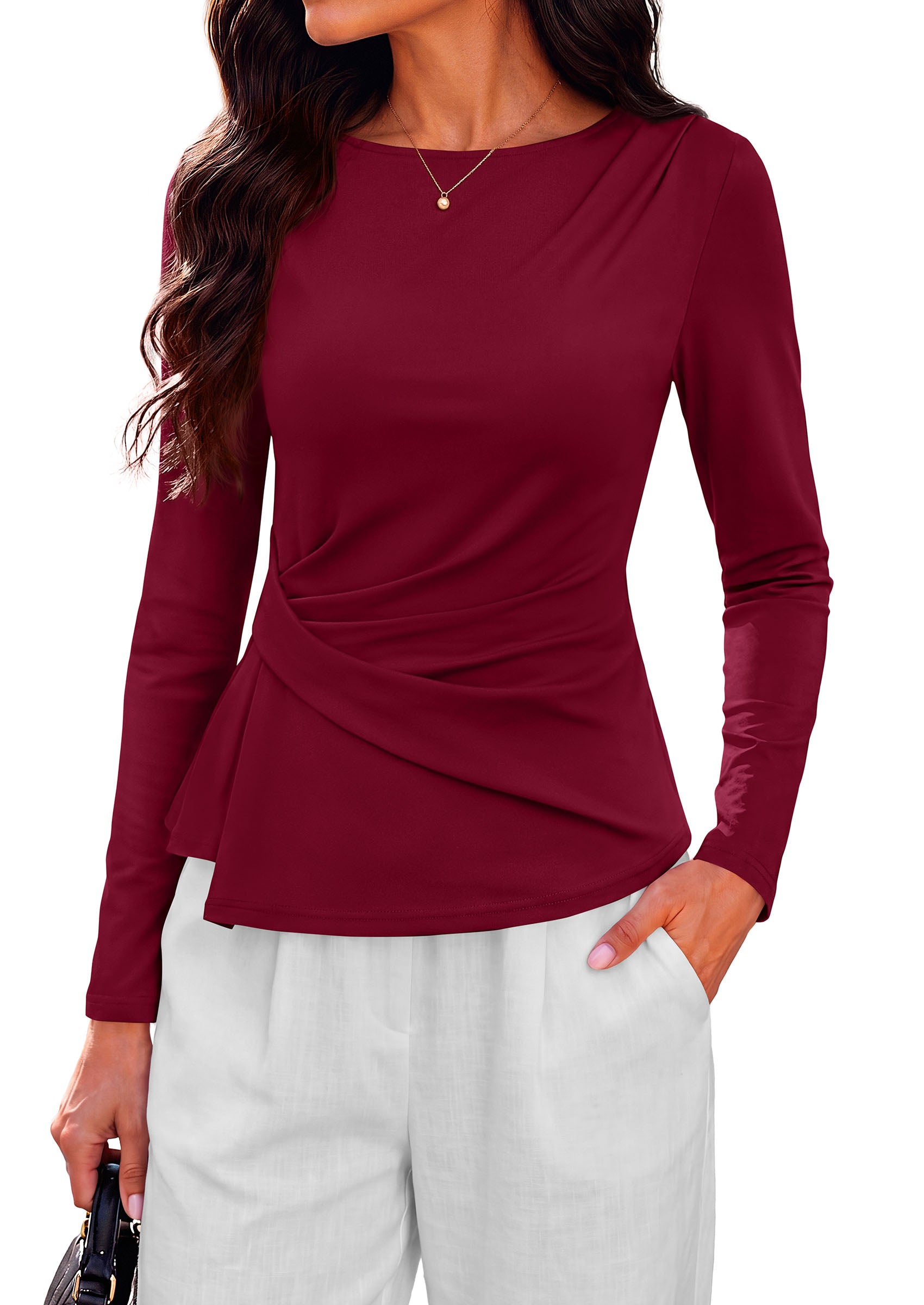 PRETTYGARDEN Womens Ruched Tops Casual Long Sleeve Shirt  Soft Stretchy Knit, Round Neck Slim Fitted Shape, Pleated Asymmetrical Hem, Office Work Daily Wear, Trendy Fall Outfits