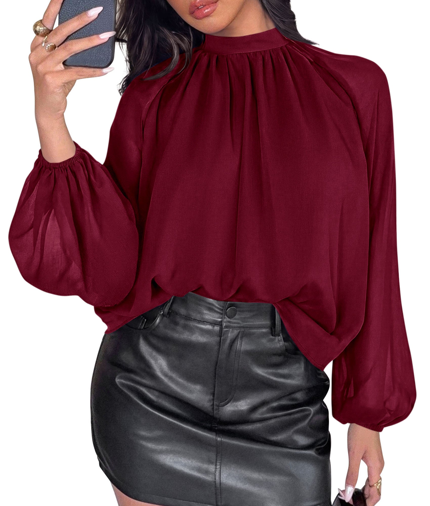 PRETTYGARDEN Womens Chiffon Blouses Dressy Casual Mock Neck Tops | Lightweight Fabric,Sheer Lantern Long Sleeve Shirts,Work Office Clothes,Daily Wear,Loose Flowy Going Out Fall Outfits