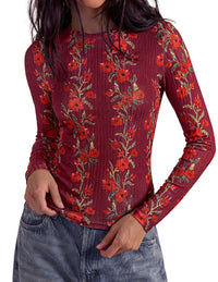 PRETTYGARDEN Womens Long Sleeve Shirts Floral Y2K Tops | Soft Lightweight Ribbed Knit Top,Fitted Waist,Crew Neck Slim Fit,Going Out Vacation Outfits,Layering Fall Winter Clothes