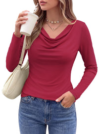 PRETTYGARDEN Cowl Neck Tops for Women Fashion Long Sleeve Shirt  Comfy Ruched Shirts, Soft Lightweight Knit, Chic Cowl Neck Top, Casual Going Out Outfits, Fall Winter Trendy Clothes