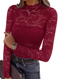PRETTYGARDEN Womens Lace Long Sleeve Top Mesh Sheer Blouses Mock Neck See Through Slim Fitted Tops 2026 Fall Fashion Clothes
