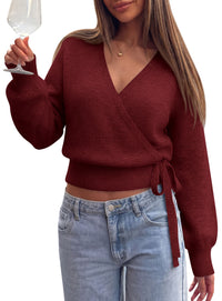 PRETTYGARDEN V Neck Wrap Sweaters for Women Fall Outifts Pullover | Long Sleeve Knit Tops,Cross V Neck with Hidden Snap,Tie Waist,Cozy Warm Winter Clothes for Work,Travel,Vacation,Going Out
