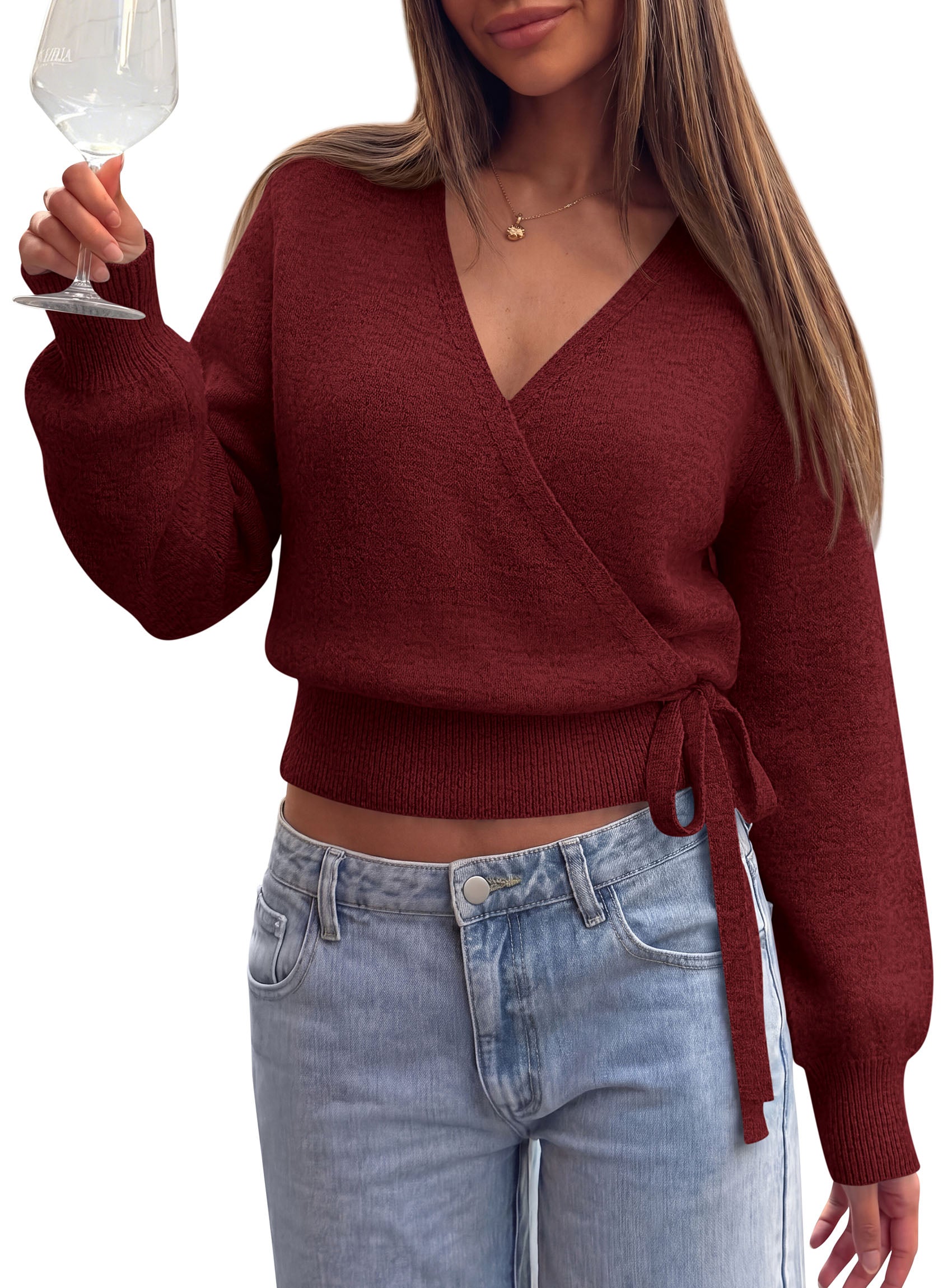 PRETTYGARDEN V Neck Wrap Sweaters for Women Fall Outifts Pullover | Long Sleeve Knit Tops,Cross V Neck with Hidden Snap,Tie Waist,Cozy Warm Winter Clothes for Work,Travel,Vacation,Going Out