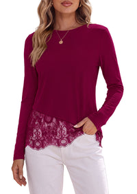 PRETTYGARDEN Women's Lace Patchwork Long Sleeve Shirts | Soft Casual Tops,Irregular Asymmetrical Hem,Crew Neck Thermal Blouses,Loose Fit Layer Tee,Fashion Fall Winter Daily Wear