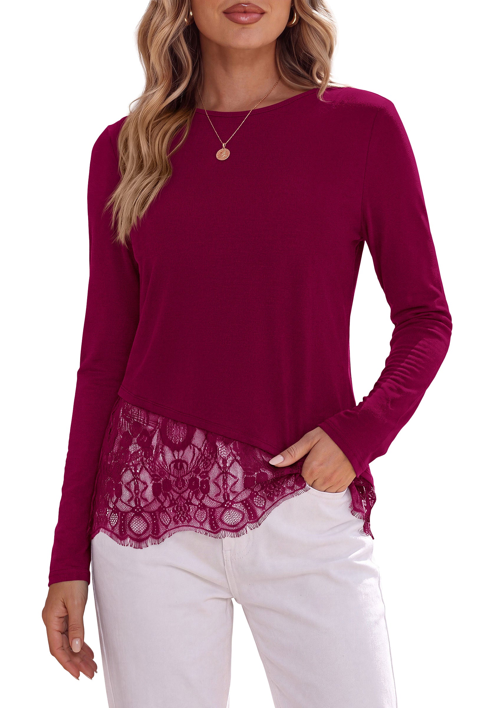 PRETTYGARDEN Women's Lace Patchwork Long Sleeve Shirts | Soft Casual Tops,Irregular Asymmetrical Hem,Crew Neck Thermal Blouses,Loose Fit Layer Tee,Fashion Fall Winter Daily Wear