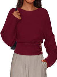 PRETTYGARDEN Batwing Sleeve Sweaters For Women Pullover Fall Clothes						 					  Cozy Ribbed Knit, Single Side Button,  Cinched Waist, Business Casual Work Outfits , 2026 Trendy Fall Winter Fashion Clothing