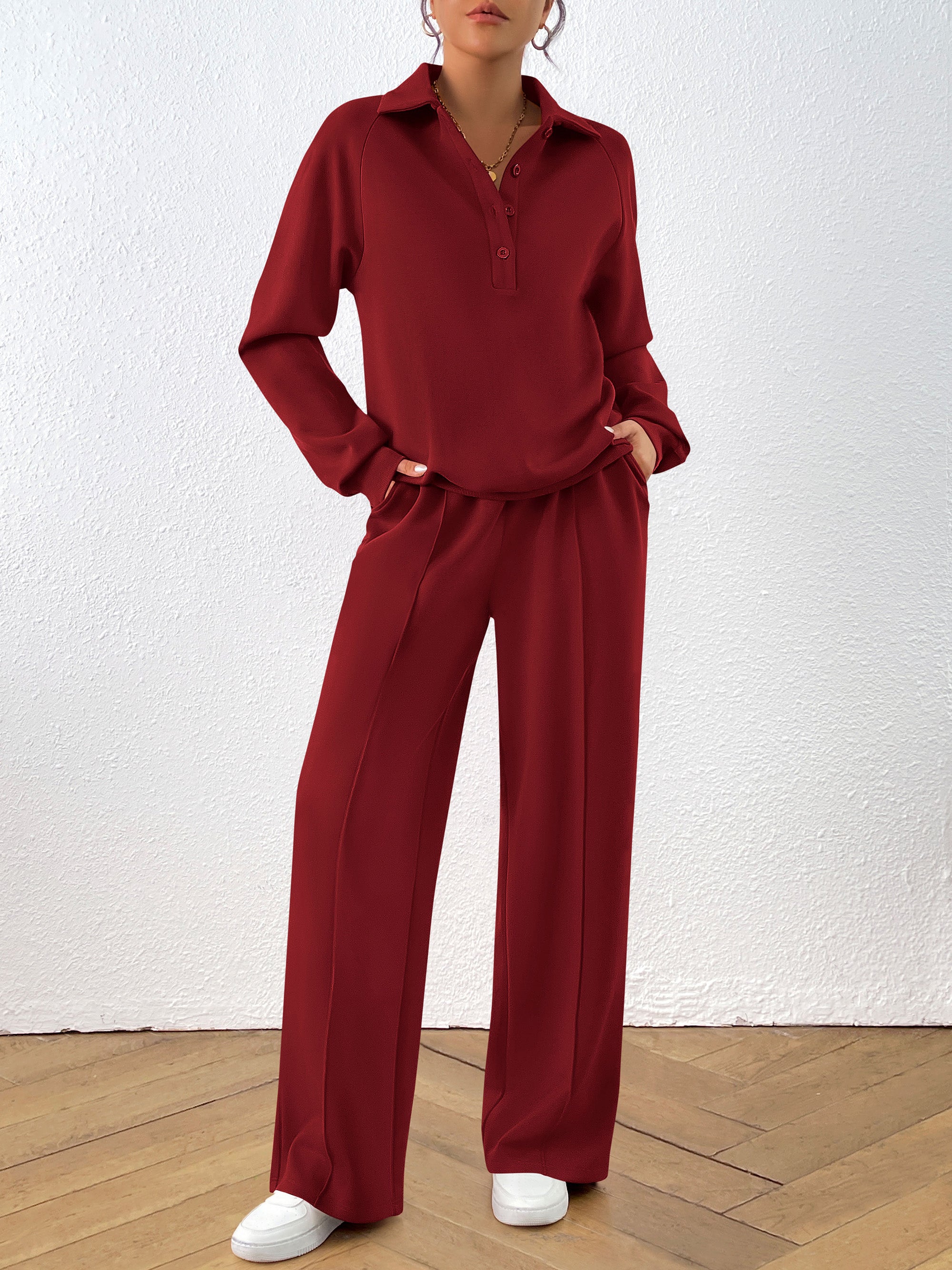 PRETTYGARDEN Women Fall 2 Piece Outfits Sweatsuits Quarter Button Long Sleeve Sweatshirt Wide Leg Pants Tracksuit Lounge Sets