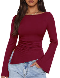 PRETTYGARDEN Women's Bell Long Sleeve Shirts 2026 Fall Boat Neck Ruched Asymmetrical Going Out Tops Ribbed Y2K Clothes