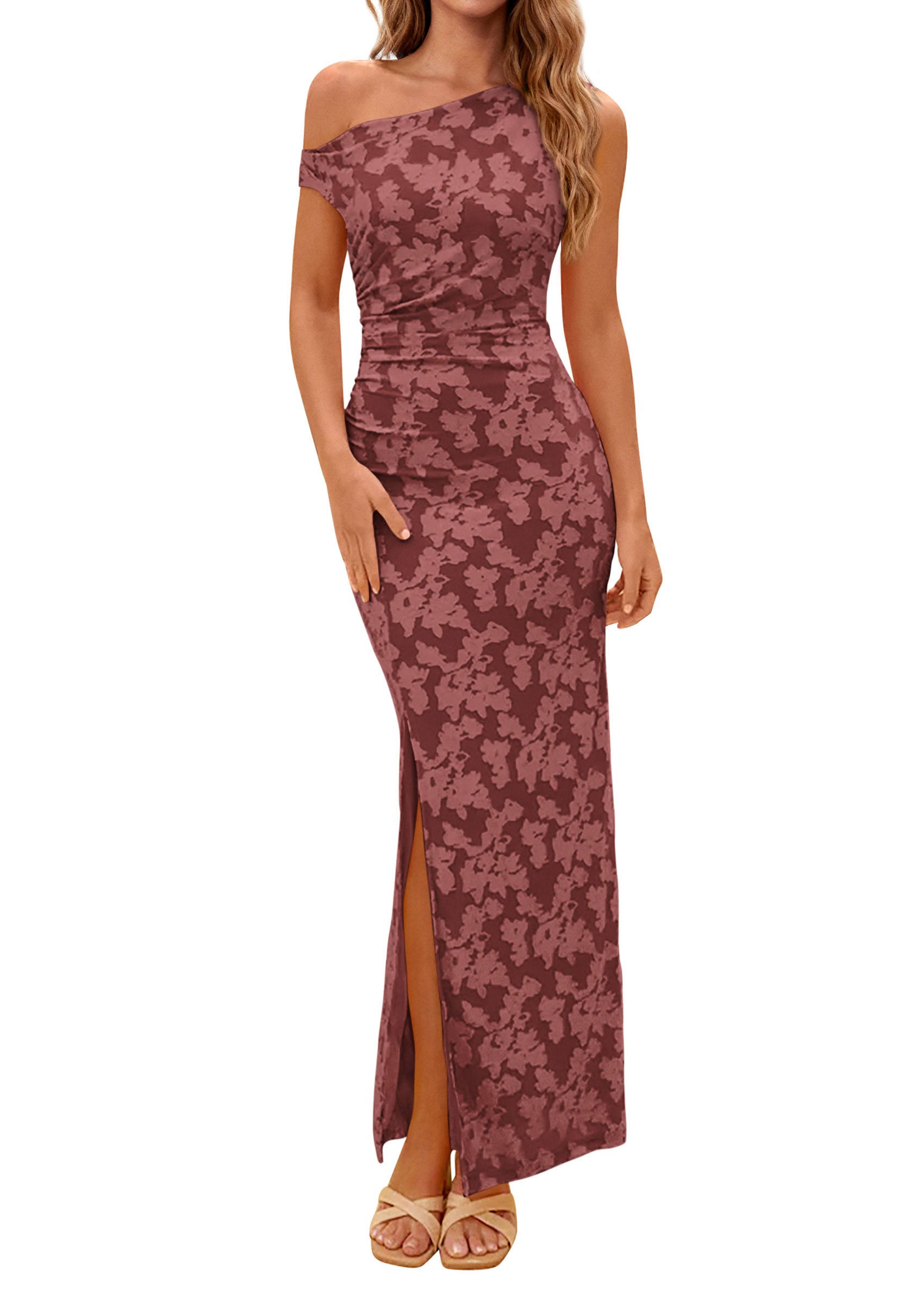 PRETTYGARDEN Womens Floral One Shoulder Maxi Dress 2026 Summer Spring Bodycon Ruched Side Slit Elegant Cocktail Party Dresses PRETTYGARDEN