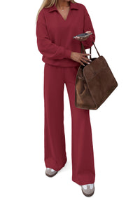 PRETTYGARDEN Womens Sweatsuits 2 Piece Outfits Matching Sets | Wide Leg Sweatpants & Polo V Neck Sweatshirt, Lounge Set, Comfy Airport Travel Outfits, Track suits, Fall Winter Clothes