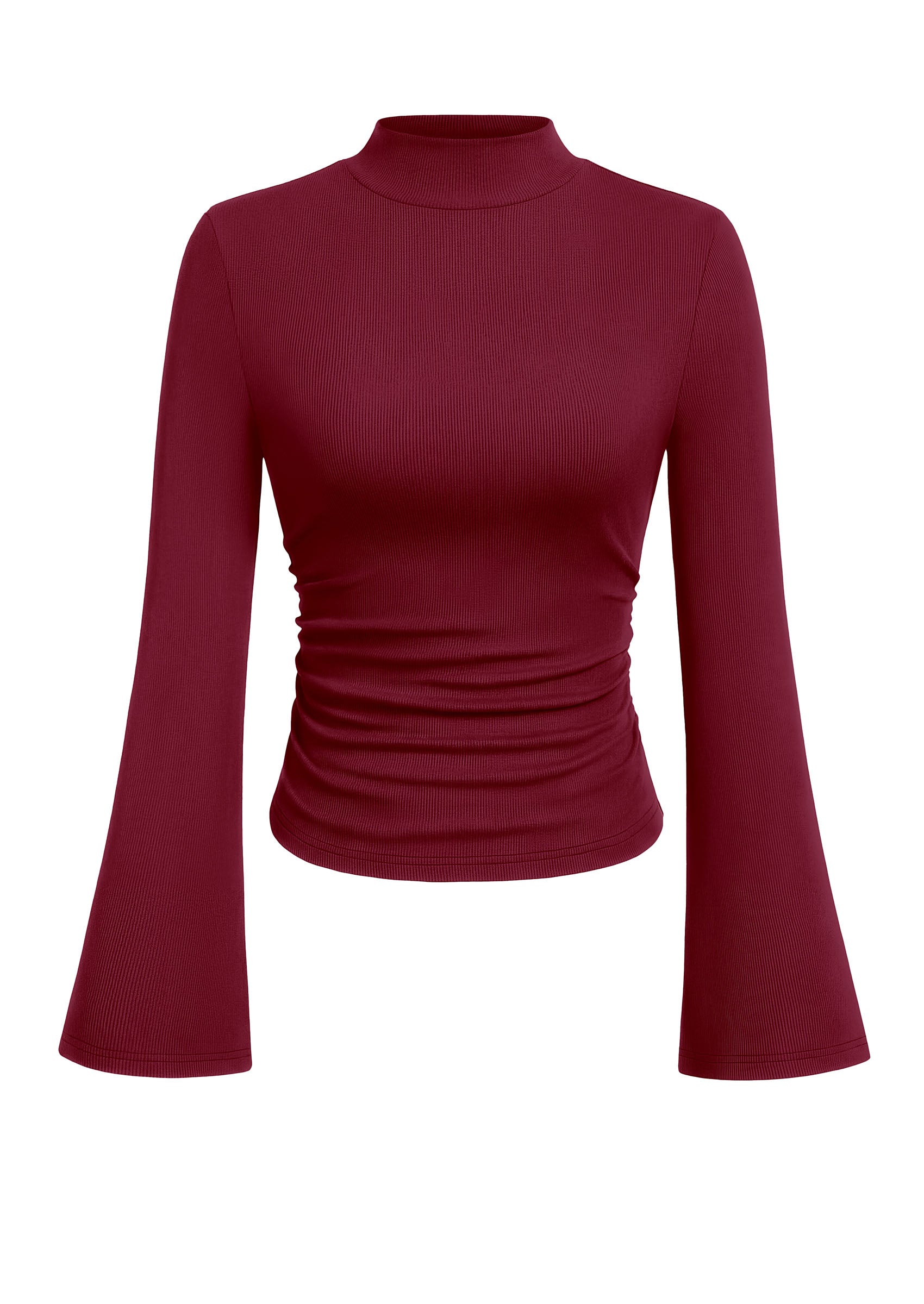 PRETTYGARDEN Womens Long Sleeve Shirts 2026 Fall Bell Sleeves Mock Turtleneck Ribbed Going Out Tops Casual Ruched Y2K Clothes
