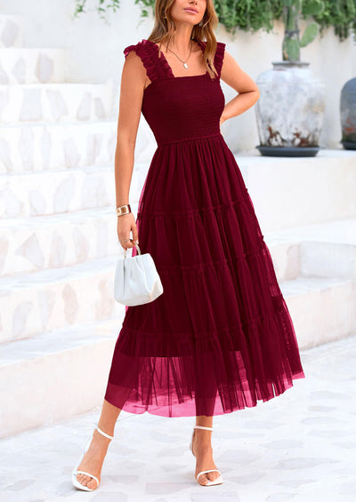 PRETTYGARDEN Women's Tulle Midi Dress Sleeveless Smocked Ruffle Mesh Flowy Dresses Party Wedding Guest Sundress
