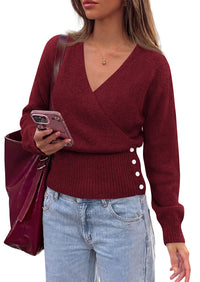 PRETTYGARDEN Women V Neck Wrap Sweater Cropped Tops Fall Winter Fashion 2026, Business Casual Outfits, Stretchy Soft knit, Wide Ribbed Hem with Side Buttons Pullover Sweaters