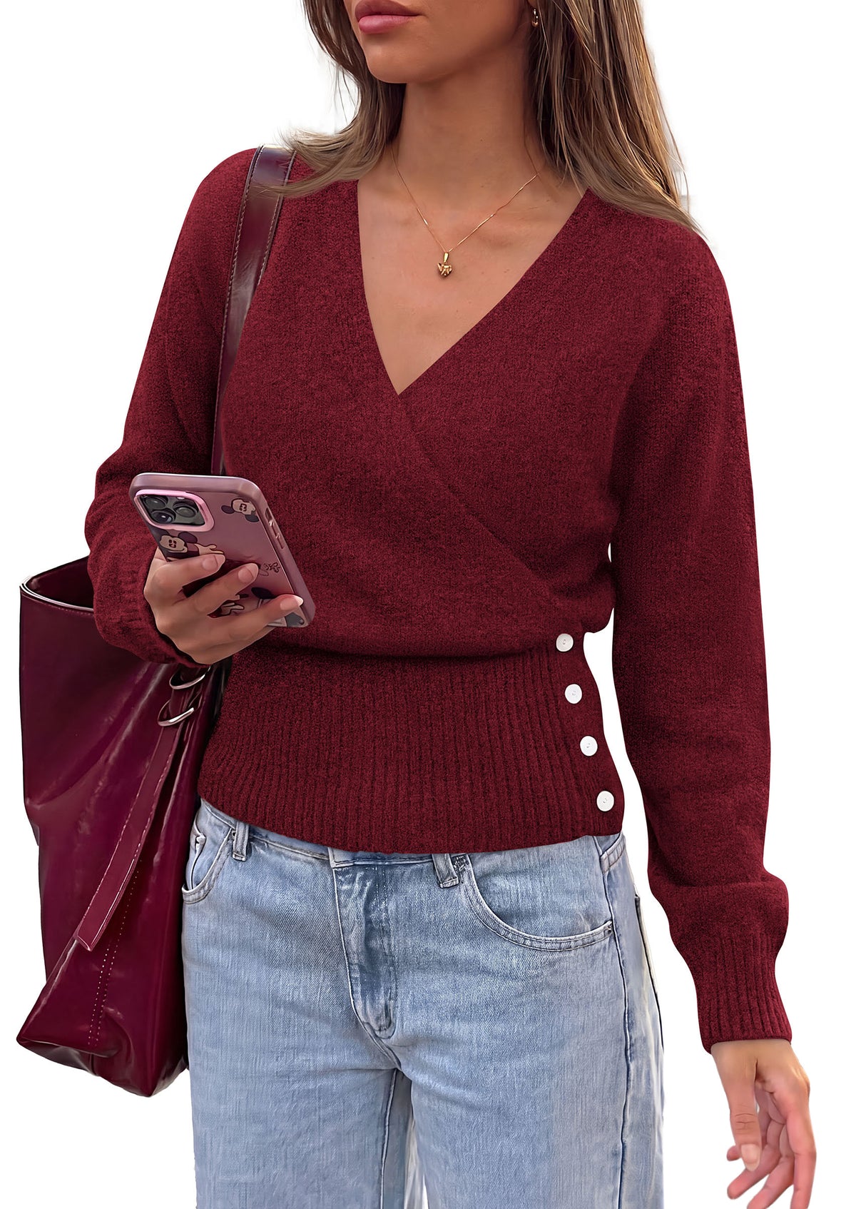 PRETTYGARDEN Women V Neck Wrap Sweater Cropped Tops Fall Winter Fashion 2026, Business Casual Outfits, Stretchy Soft knit, Wide Ribbed Hem with Side Buttons Pullover Sweaters