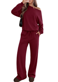 PRETTYGARDEN Womens 2 Piece Casual Matching Lounge Sets  Fashion Off the Shoulder Sweatshirt, Wide Leg Pants with Pockets, Comfy Airport Travel Outfit, 2026 Trendy Fall Set