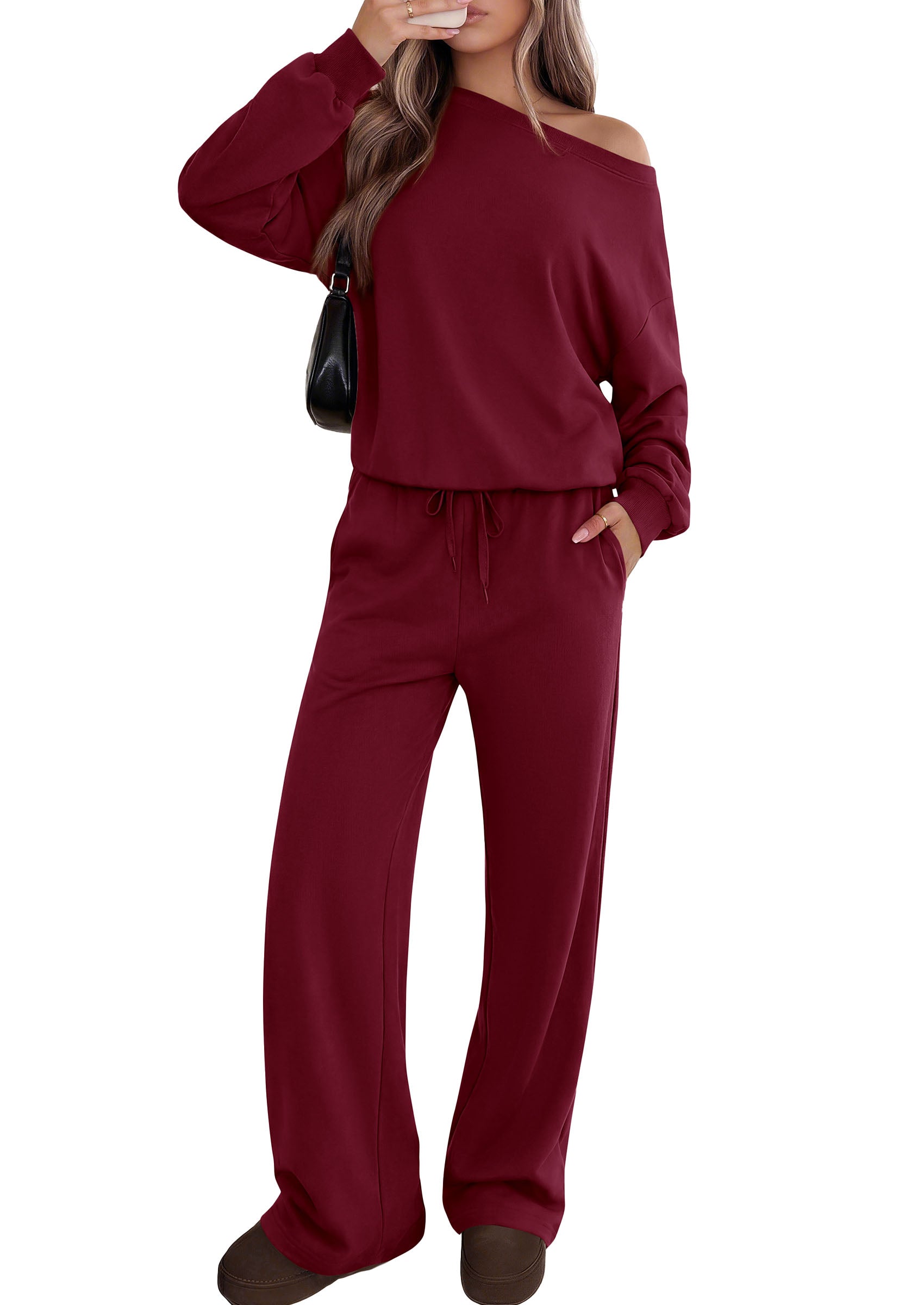 PRETTYGARDEN Womens 2 Piece Casual Matching Lounge Sets  Fashion Off the Shoulder Sweatshirt, Wide Leg Pants with Pockets, Comfy Airport Travel Outfit, 2026 Trendy Fall Set