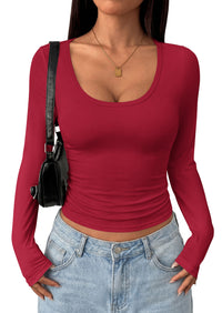PRETTYGARDEN Womens Long Sleeve Tops 2026 Casual Scoop Neck Basic Tees Slim Fitted Tshirts Layer Knit Fall Outfits