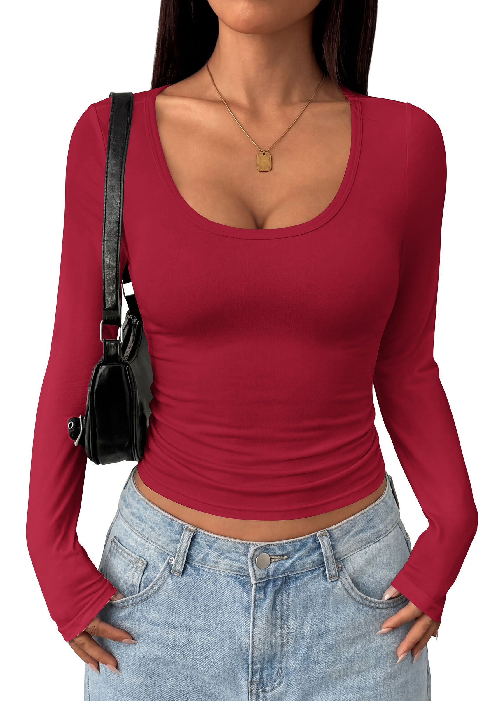 PRETTYGARDEN Womens Long Sleeve Tops 2026 Casual Scoop Neck Basic Tees Slim Fitted Tshirts Layer Knit Fall Outfits