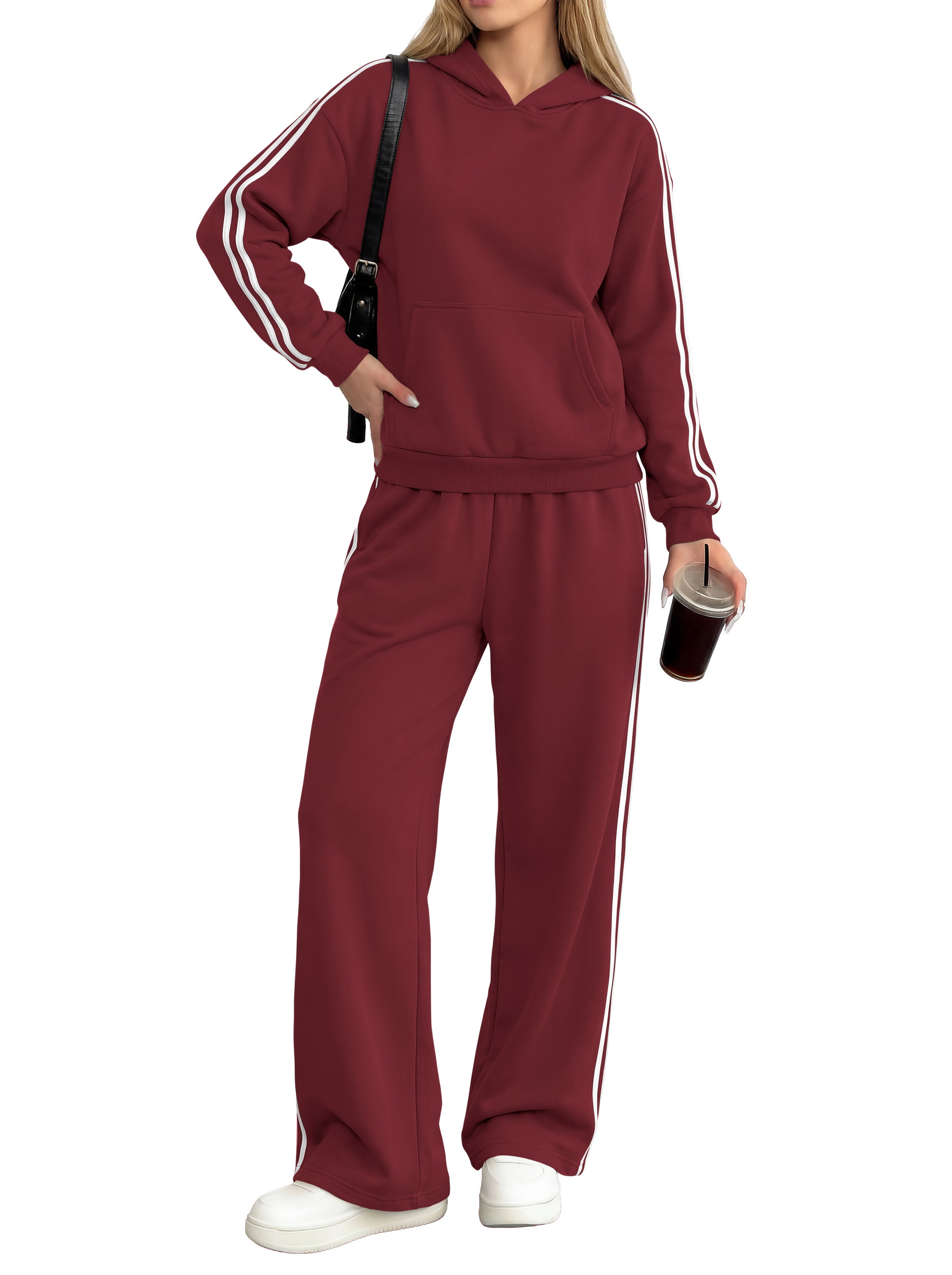 PRETTYGARDEN Women's Sweatsuits Set 2 Piece Striped Hoodie Wide Leg Sweatpants Y2K Retro Casual Tracksuits Travel Fall Outfit
