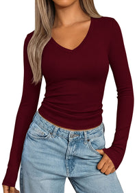 PRETTYGARDEN Long Sleeve Shirts for Women 2026 Fall V Neck Basic Tee Casual Fitted Ribbed Going Out Tops Kint Y2K Clothes