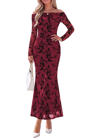 PRETTYGARDEN Womens Off Shoulder Floral Maxi Wedding Guest Dress  Mesh Slim Fit,Elegant Bodycon,Formal Party Cocktail Dress,Bridal Shower Baby Shower,Date Night Outfits,Vacation Long Dresses