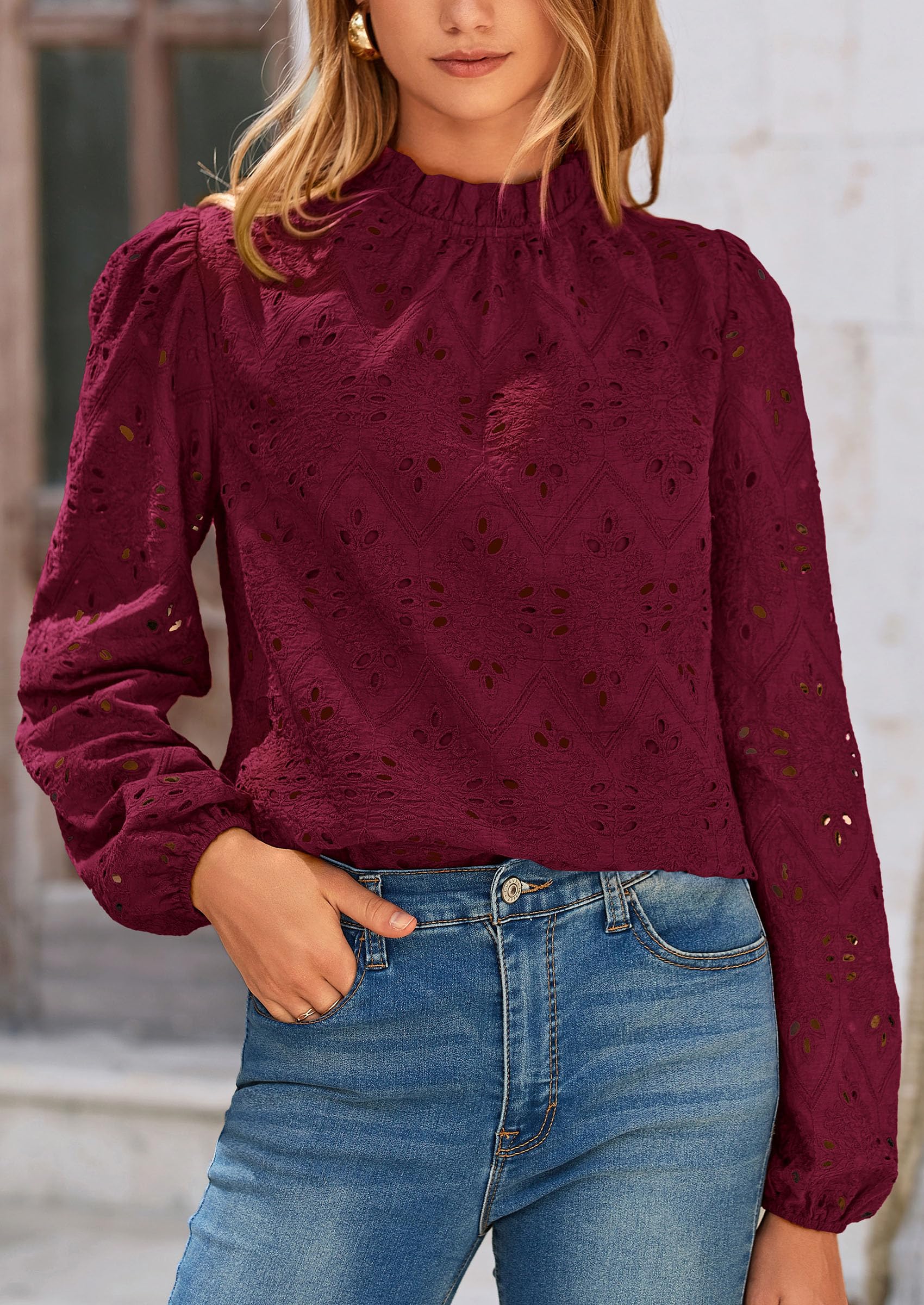 PRETTYGARDEN Womens Tops Dressy Casual Spring Long Sleeve Shirts Embroidered Eyelet Blouses Going Out Outfits