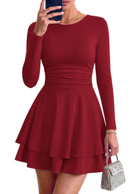 PRETTYGARDEN Womens Fit and Flare Crewneck Long Sleeve Mini Dress | Ruched Waist,Tiered Ruffle Hem,Flowy Short Sundress,Party Cocktail Homecoming Dresses,Date Night Semi Formal Cruise Outfits