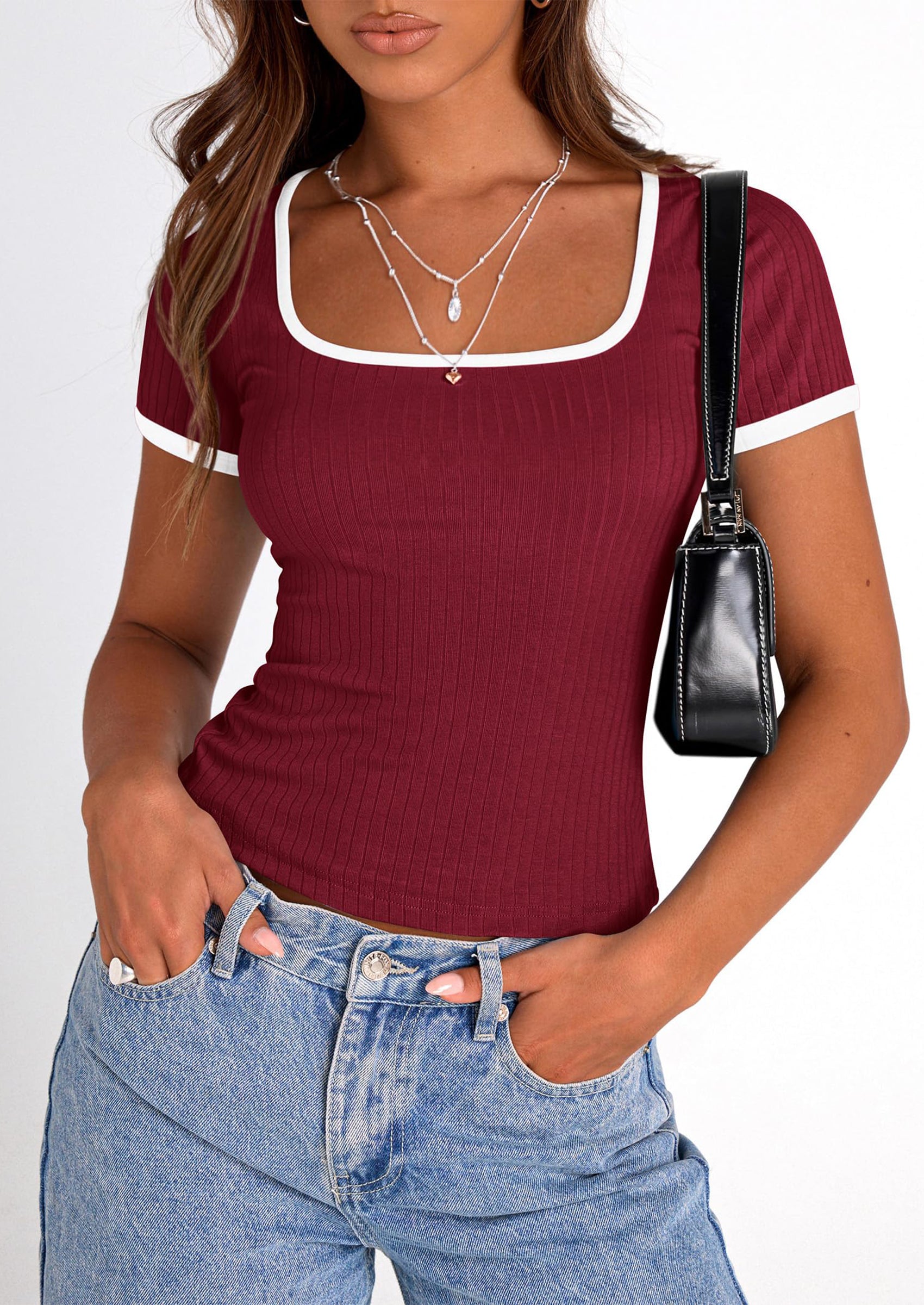 PRETTYGARDEN Women's Summer Short Sleeve T Shirts Ribbed Knit Square Neck Color Block Slim Fit Basic Casual Crop Tops Blouses