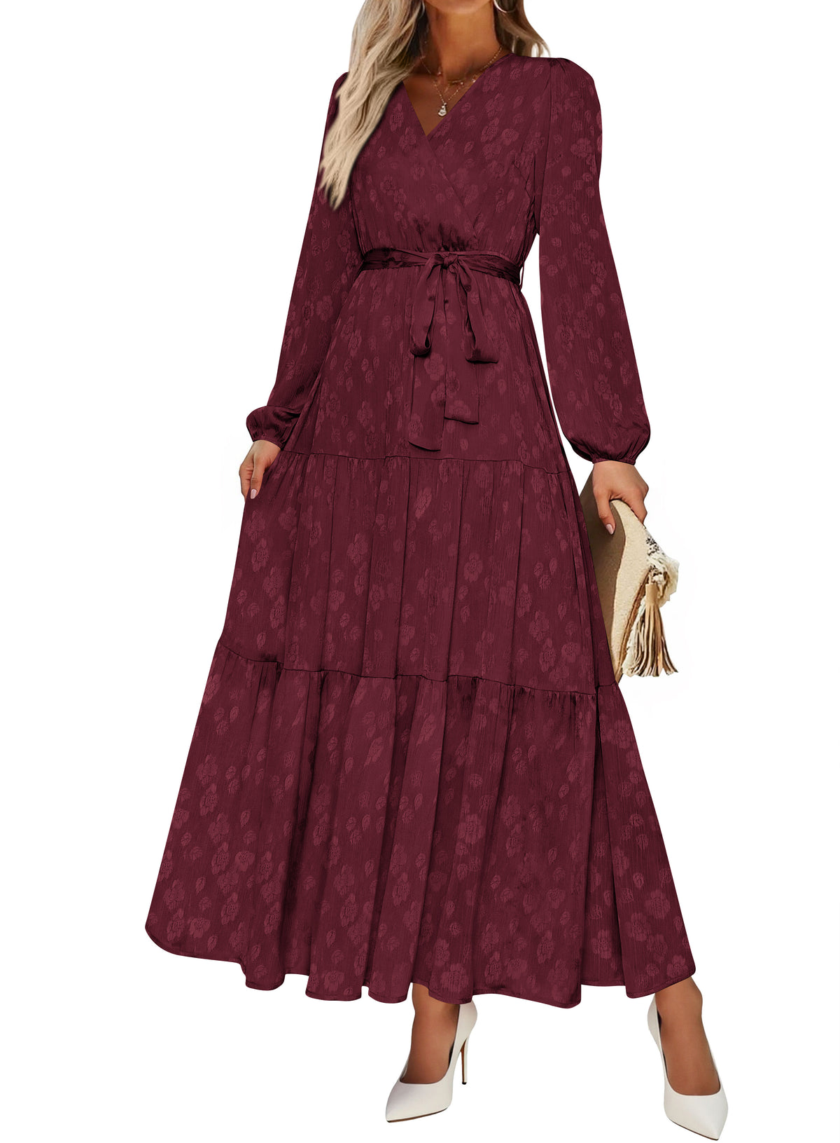 PRETTYGARDEN Womens Long Sleeve Boho Floral Wrap Maxi Dress  Fall Wedding Guest Dresses 2026, Chiffon Flowy Long Dresses, Casual Tie Waist V Neck Dress, Modest A Line Ruffle Tiered Dress