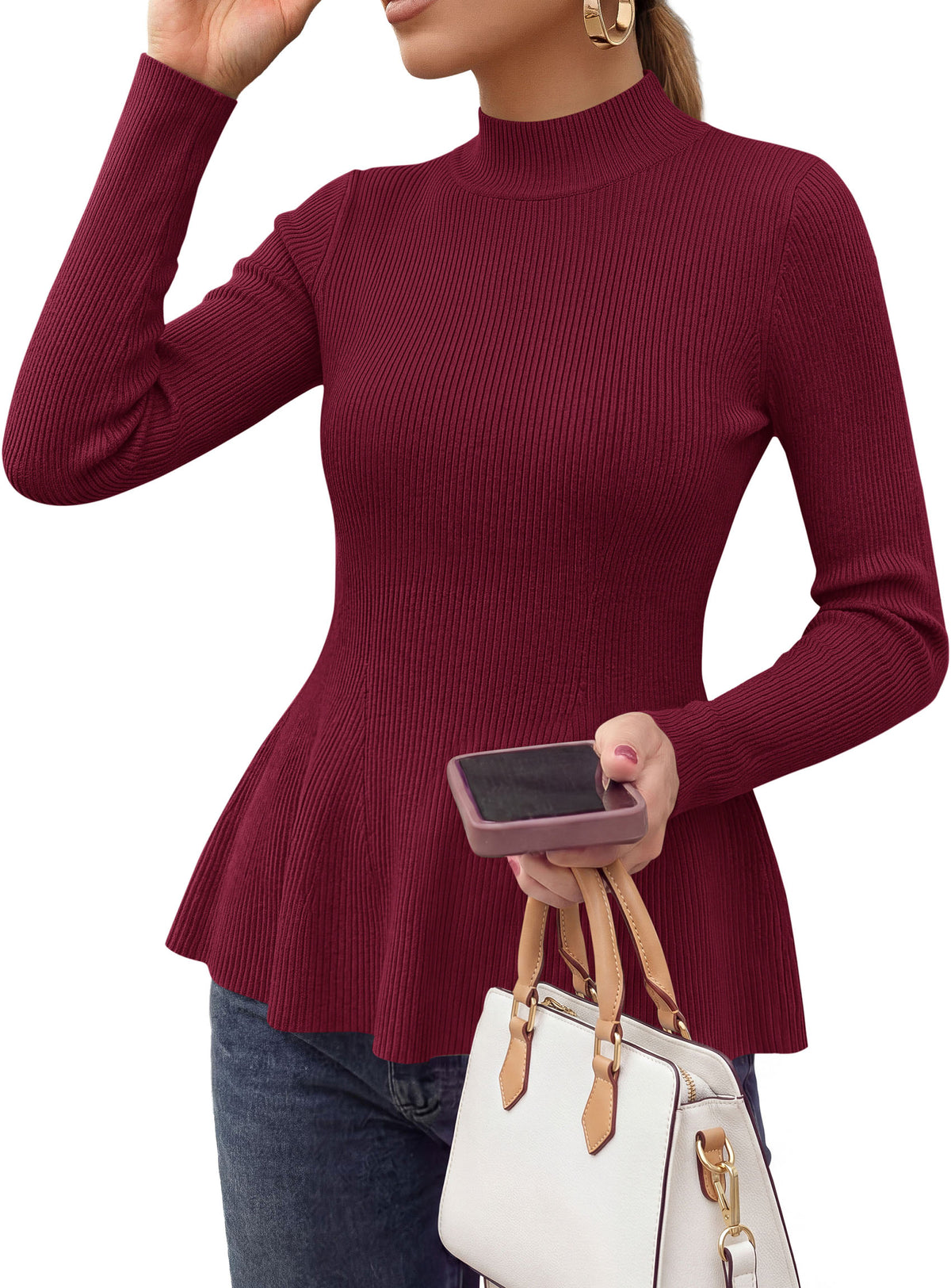 PRETTYGARDEN Womens Fall Mock Neck Long Sleeve Tops Badycon Peplum Sweaters						  Cozy Soft Knit Pullover,Ruffle Hem,Business Casual Work Outfits,2026 Trendy Fall Fashion Clothing,Winter Layering Clothes