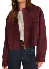 PRETTYGARDEN Women's Faux Suede Cropped Fall Jackets | Soft Zip Up Coats,Classic Lapel Collar,Button Down Shacket,Oversized Casual Outerwear,Trendy Winter Clothes with Pockets