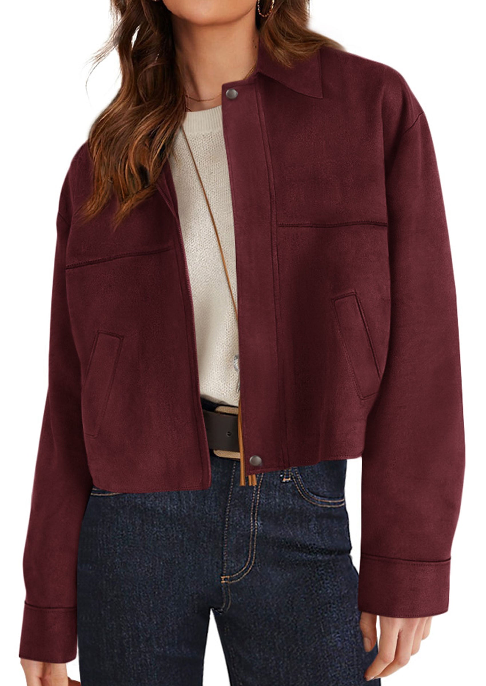 PRETTYGARDEN Women's Faux Suede Cropped Fall Jackets | Soft Zip Up Coats,Classic Lapel Collar,Button Down Shacket,Oversized Casual Outerwear,Trendy Winter Clothes with Pockets