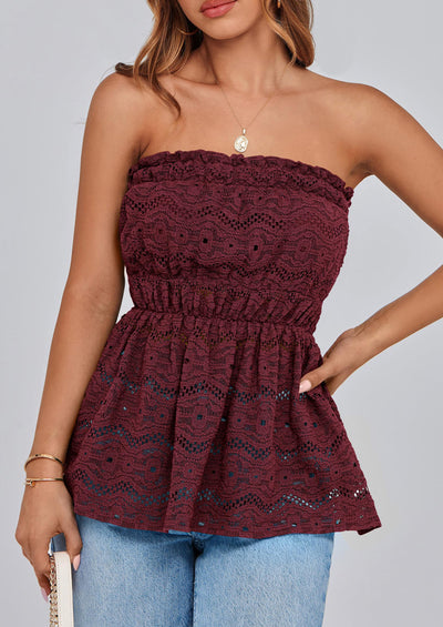 PRETTYGARDEN Tube Tops for Women Summer Strapless Off Shoulder Eyelet Smocked Peplum Trendy Going Out Boho Top