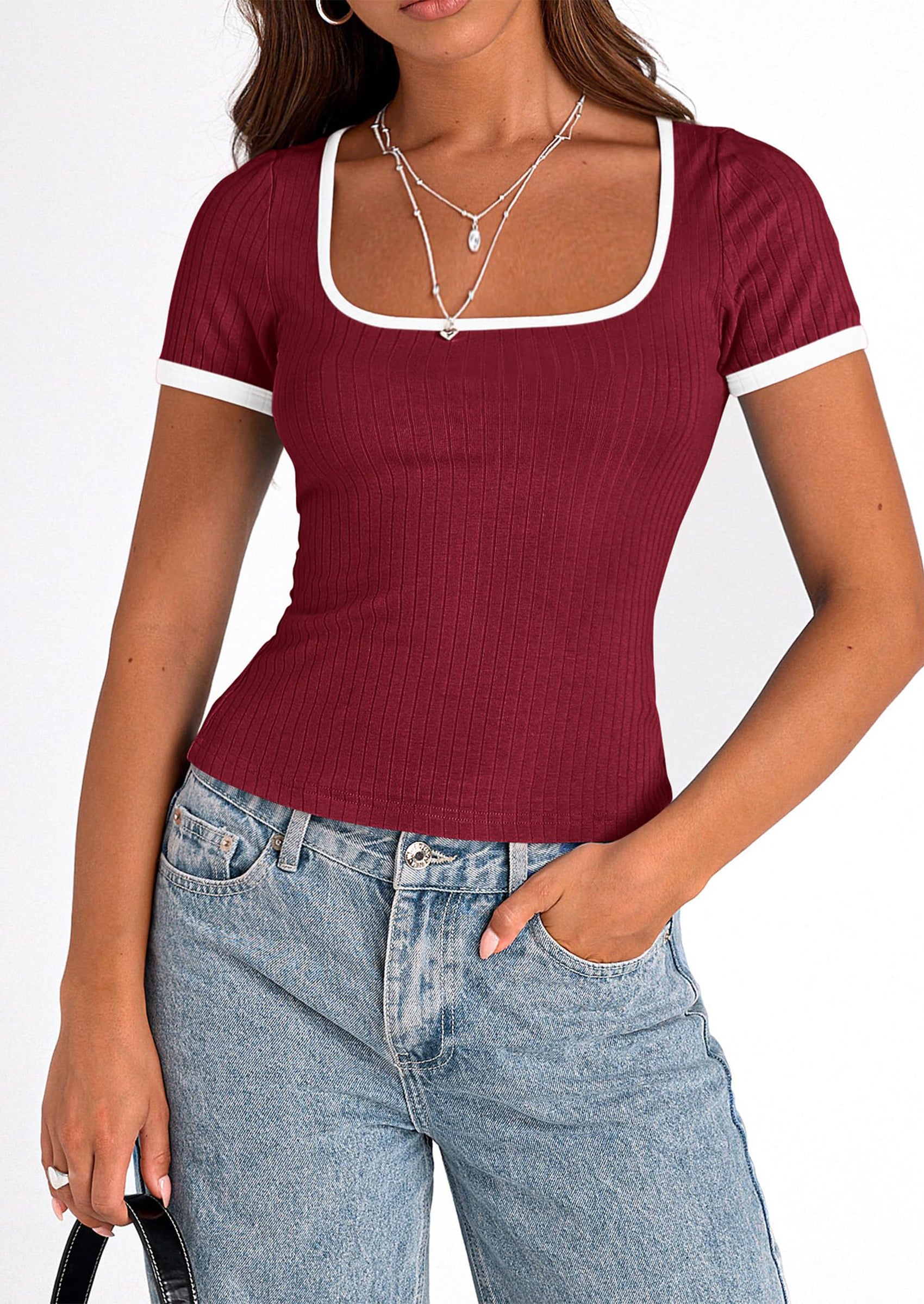 PRETTYGARDEN Women's Summer Short Sleeve T Shirts Ribbed Knit Square Neck Color Block Slim Fit Basic Casual Crop Tops Blouses