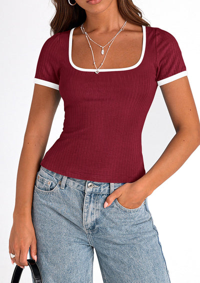 PRETTYGARDEN Women's Summer Short Sleeve T Shirts Ribbed Knit Square Neck Color Block Slim Fit Basic Casual Crop Tops Blouses