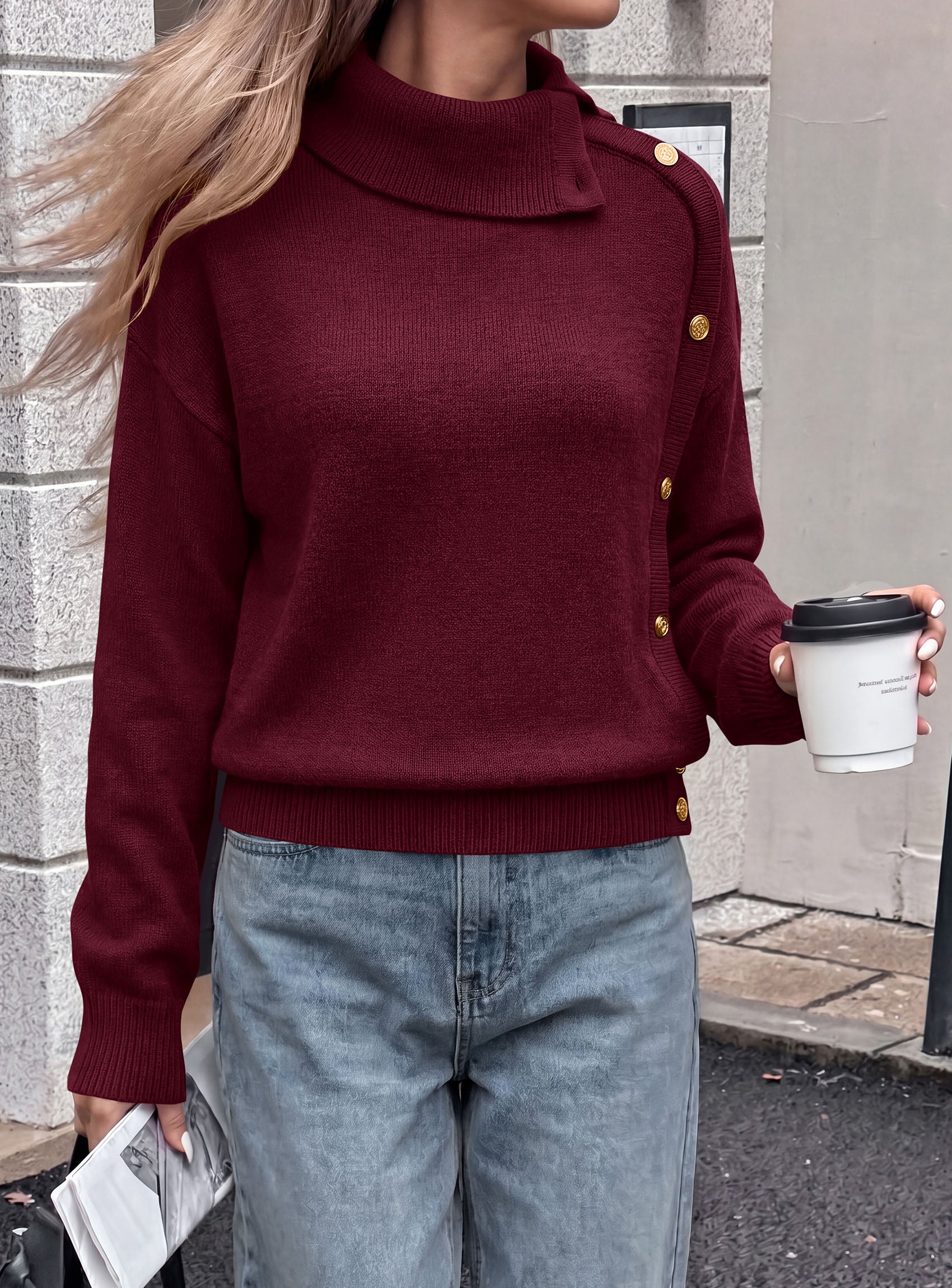 PRETTYGARDEN Womens Turtleneck Sweater Pullover Side Button Fall Clothes  Stretchy Knit,Dropped Shoulder,Ribbed Cuffs,Asymmetrical,Jumper Long Sleeve Tops,Work Office,2026 Winter Casual Outfits
